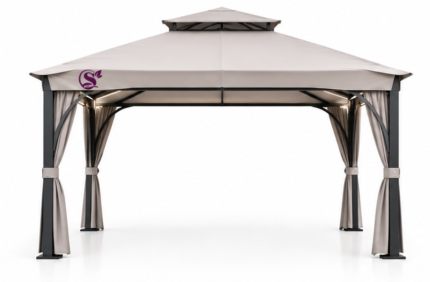 Skoopsi Double-Roof Patio Gazebo with Curtains and LED Lights